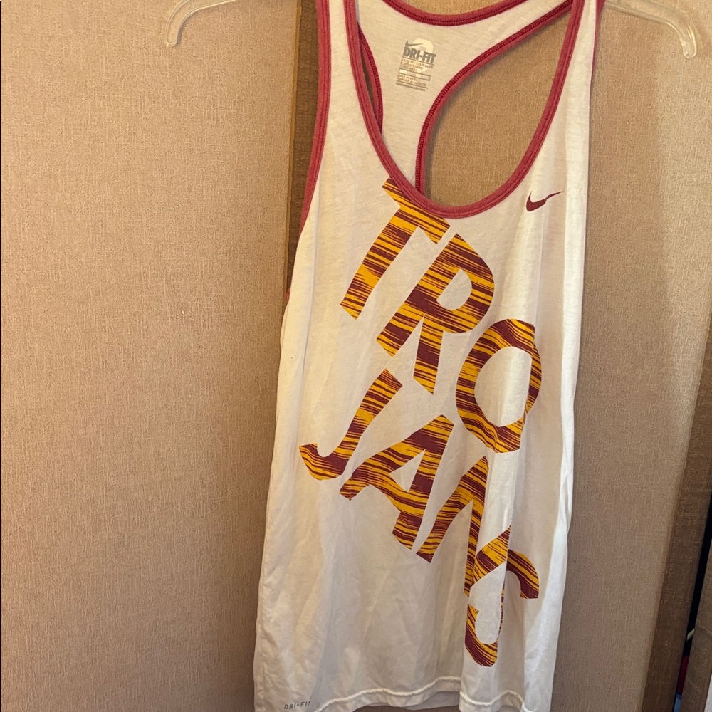 FINAL MARKDOWN Nike White Tank Top with Red and Gold Trojans Design large